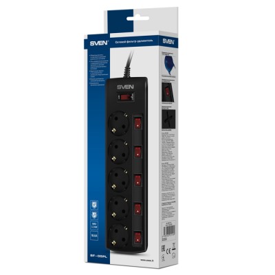 Surge Protector 5 Sockets, 1.8m, Sven "SF-05PL", Black, individual switches