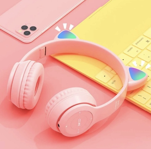 Casti pliabile Pisica cu urechiusi ,LED, Bluetooth, Pink, Y08M