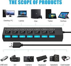 USB Hub 7 Ports Black On/Off Switch  Adapter Cable For PC Laptop Model 108