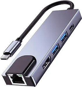 Adaptor multiport QCEs USB C Hub, 5-în-1 USB C la Hub Ethernet, Adaptor USB C la HDMI cu HDMI, Port Ethernet, Port USB 3.0,